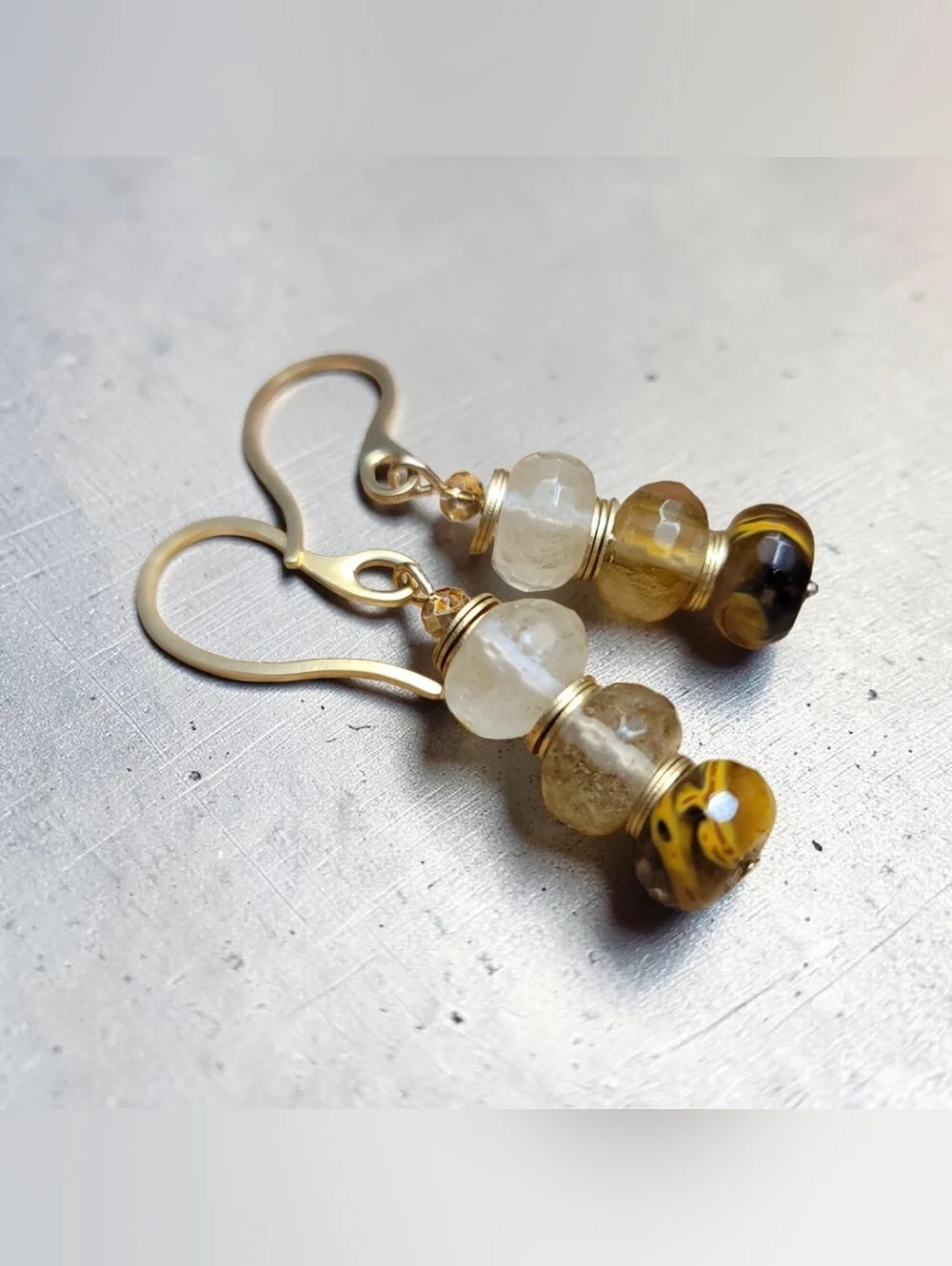 Handmade Volcano Cherry Quartz Dangle Earrings Gold Tone Neutral Beaded Drop
